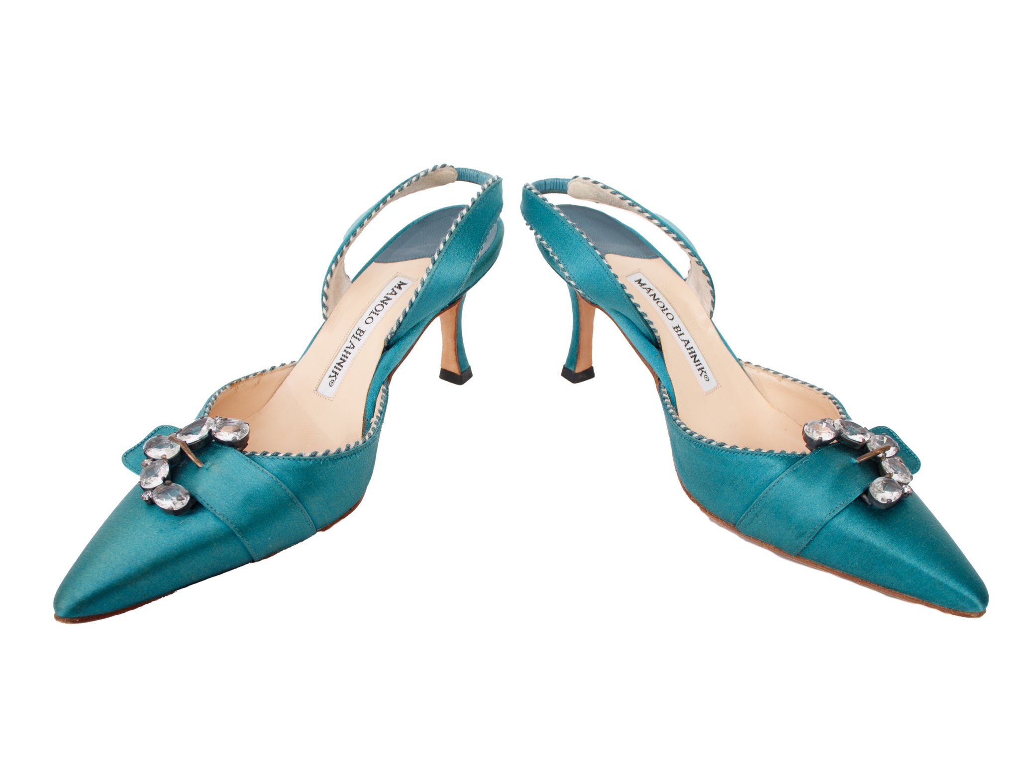 Manolo Blahnik Satin Rhinestone Buckle Slingbacks