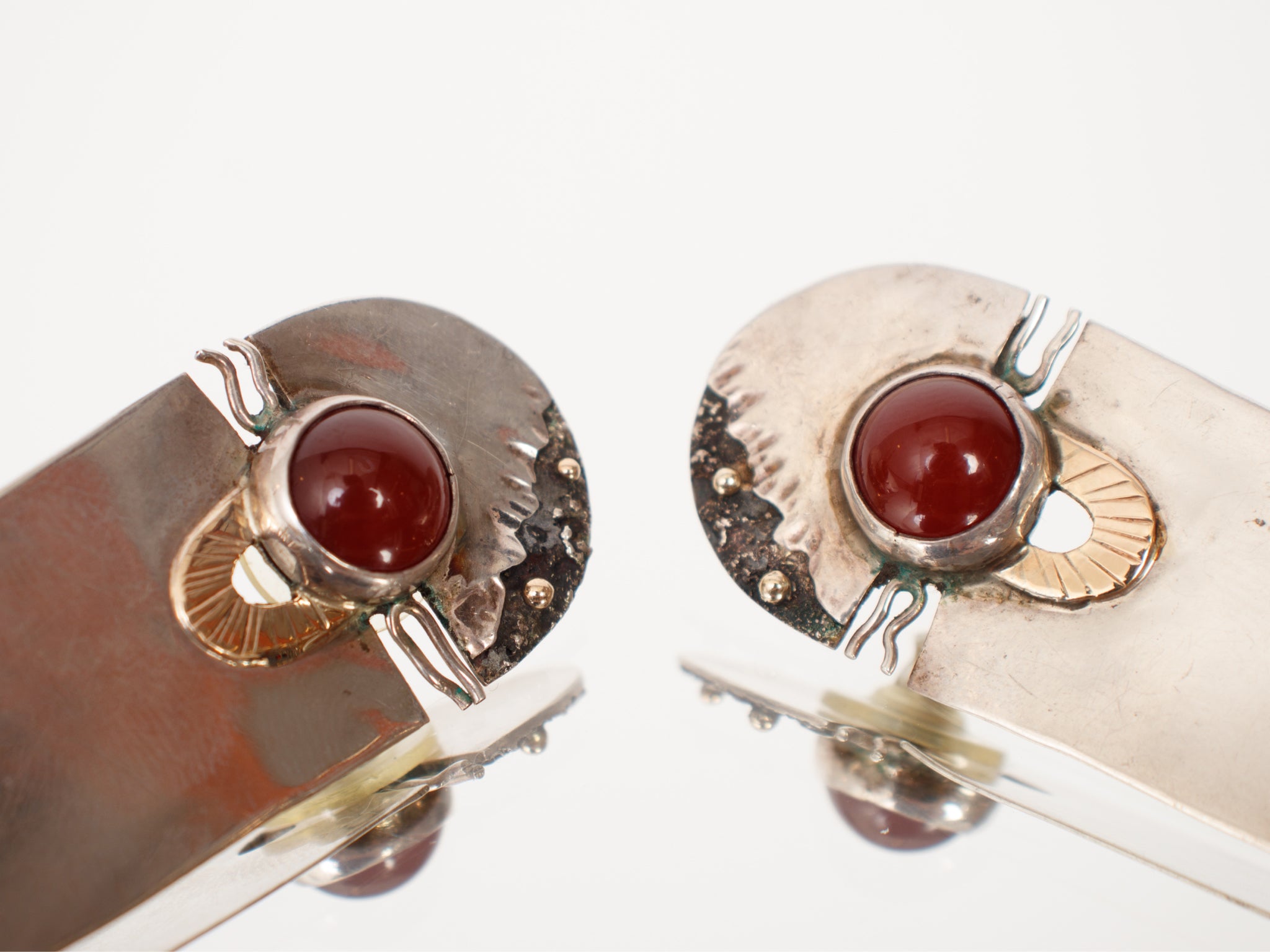 Modernist Sterling & Gold Carnelian Bezel Earrings