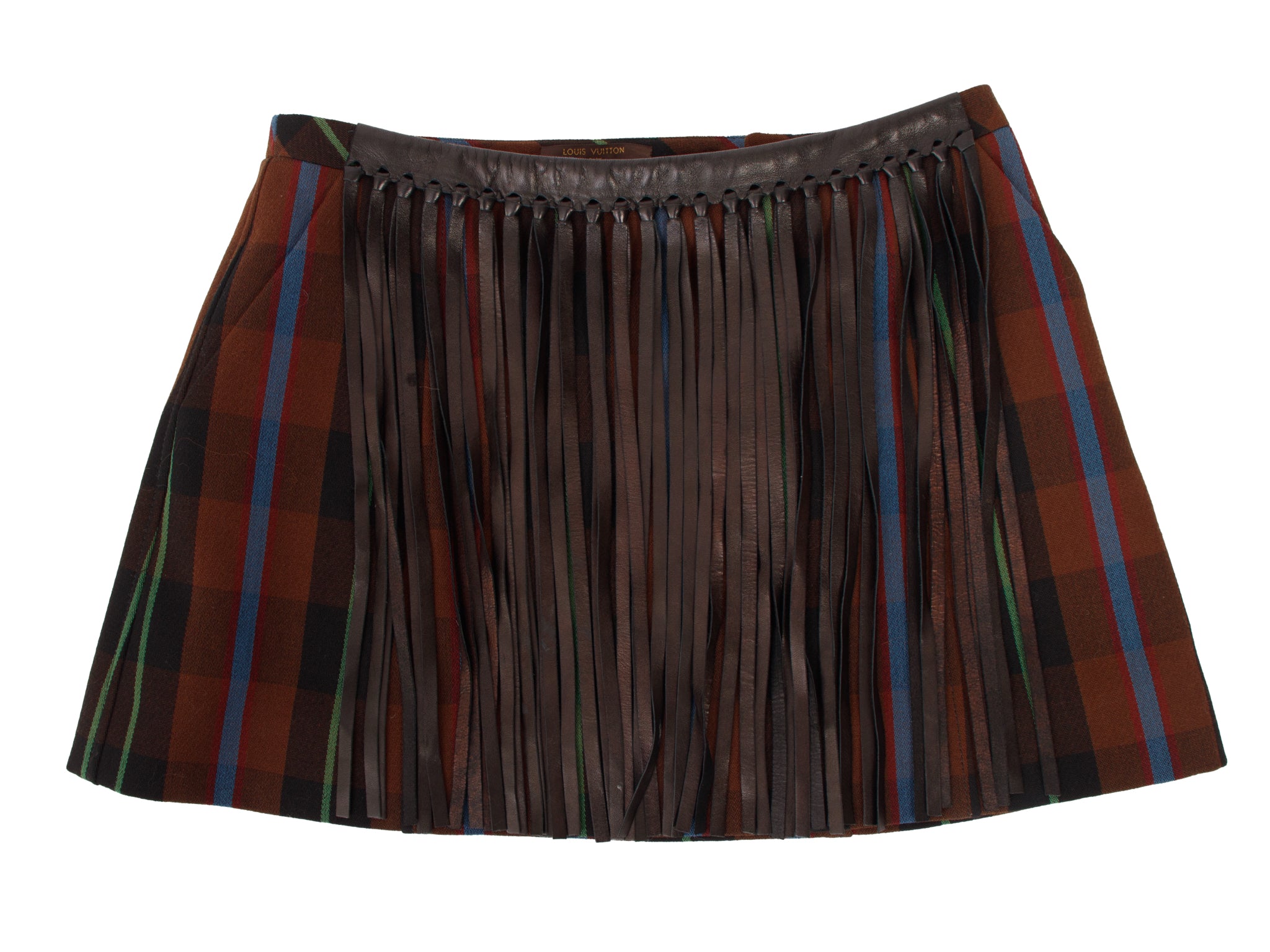 Louis Vuitton Wool Plaid & Leather Fringe Skirt