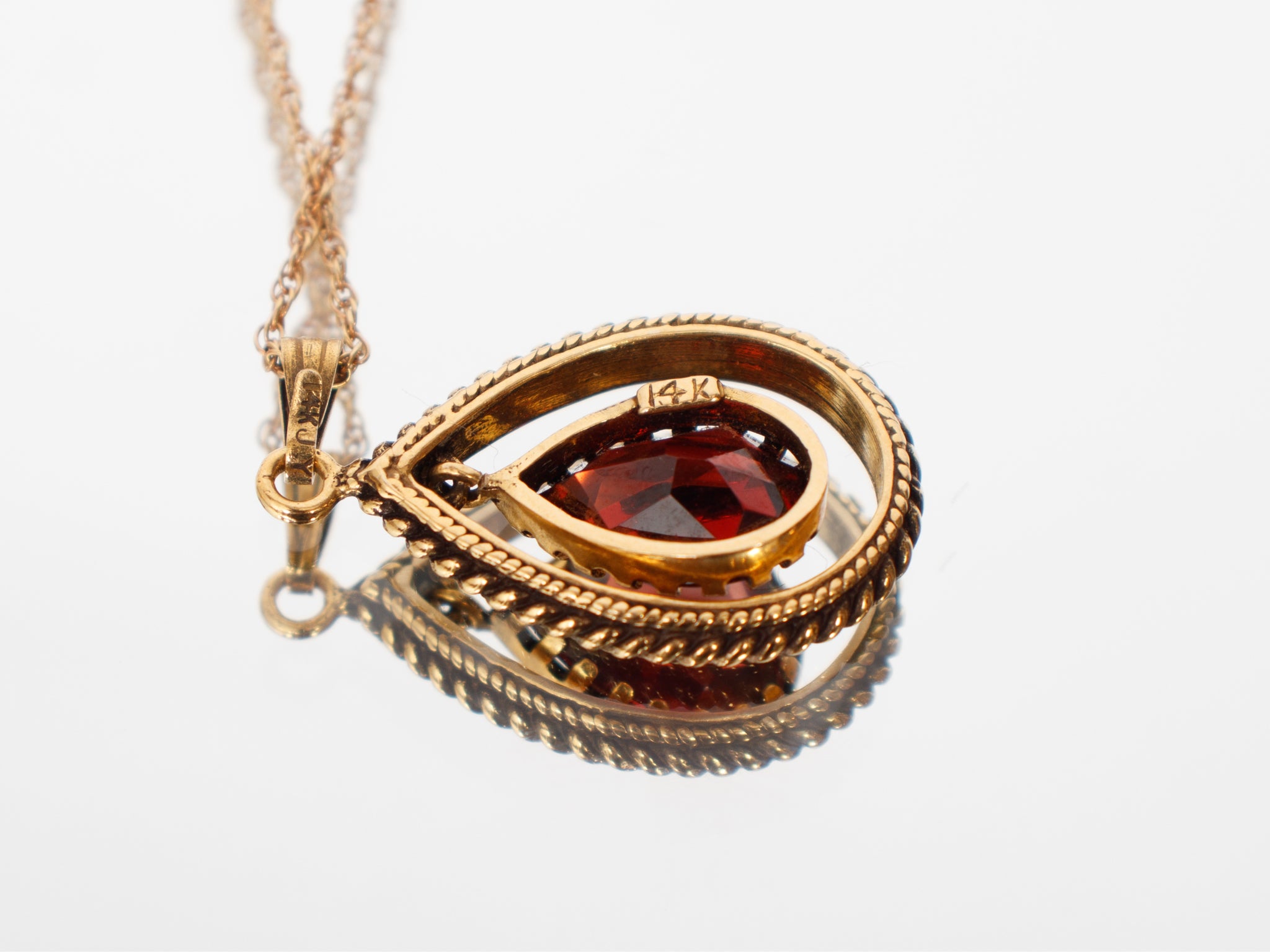 14K Rope Chain & Teardrop Garnet Necklace