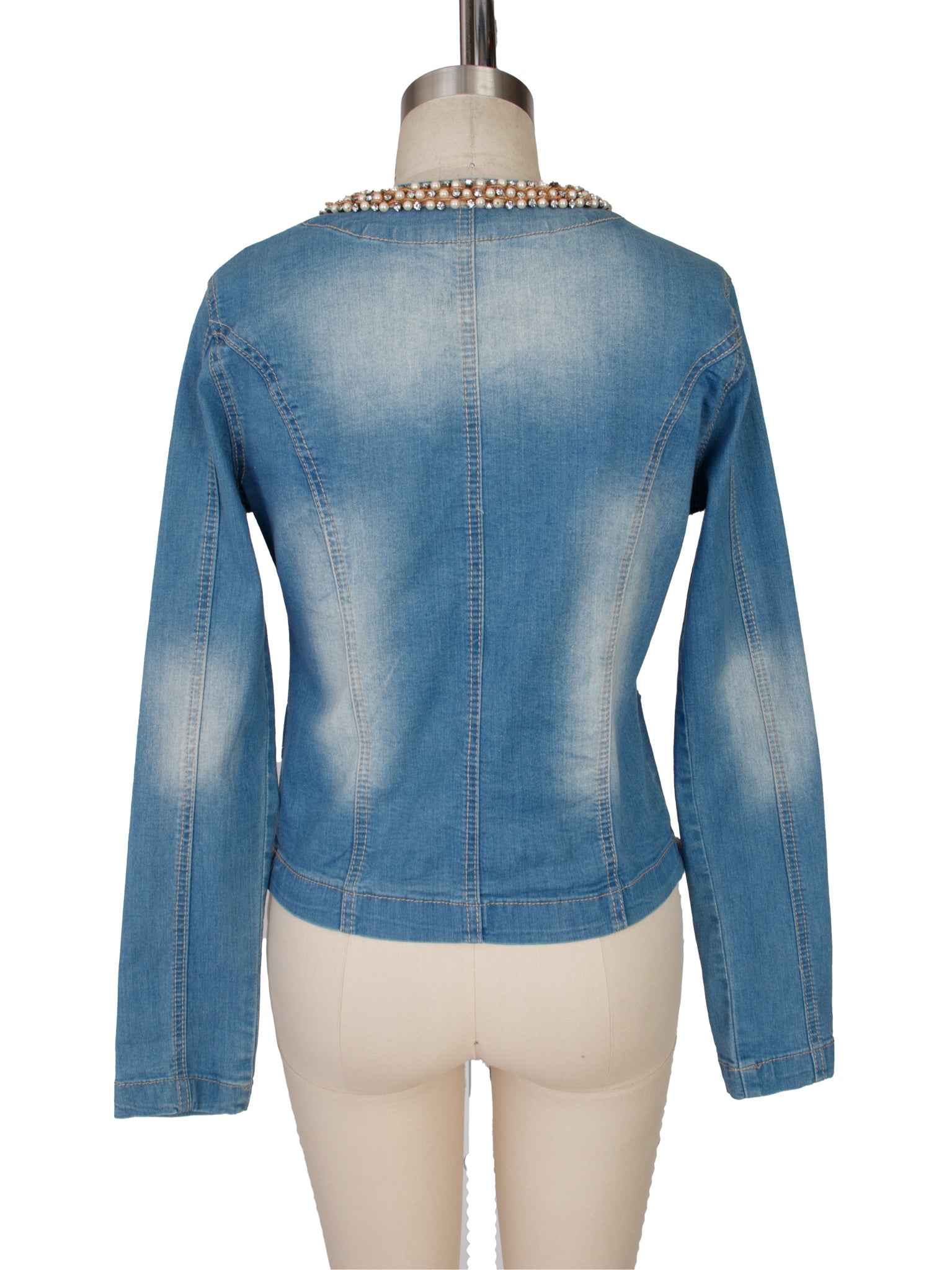 CLASS Roberto Cavalli Denim Faux Pearl & Crystal Beaded Jacket