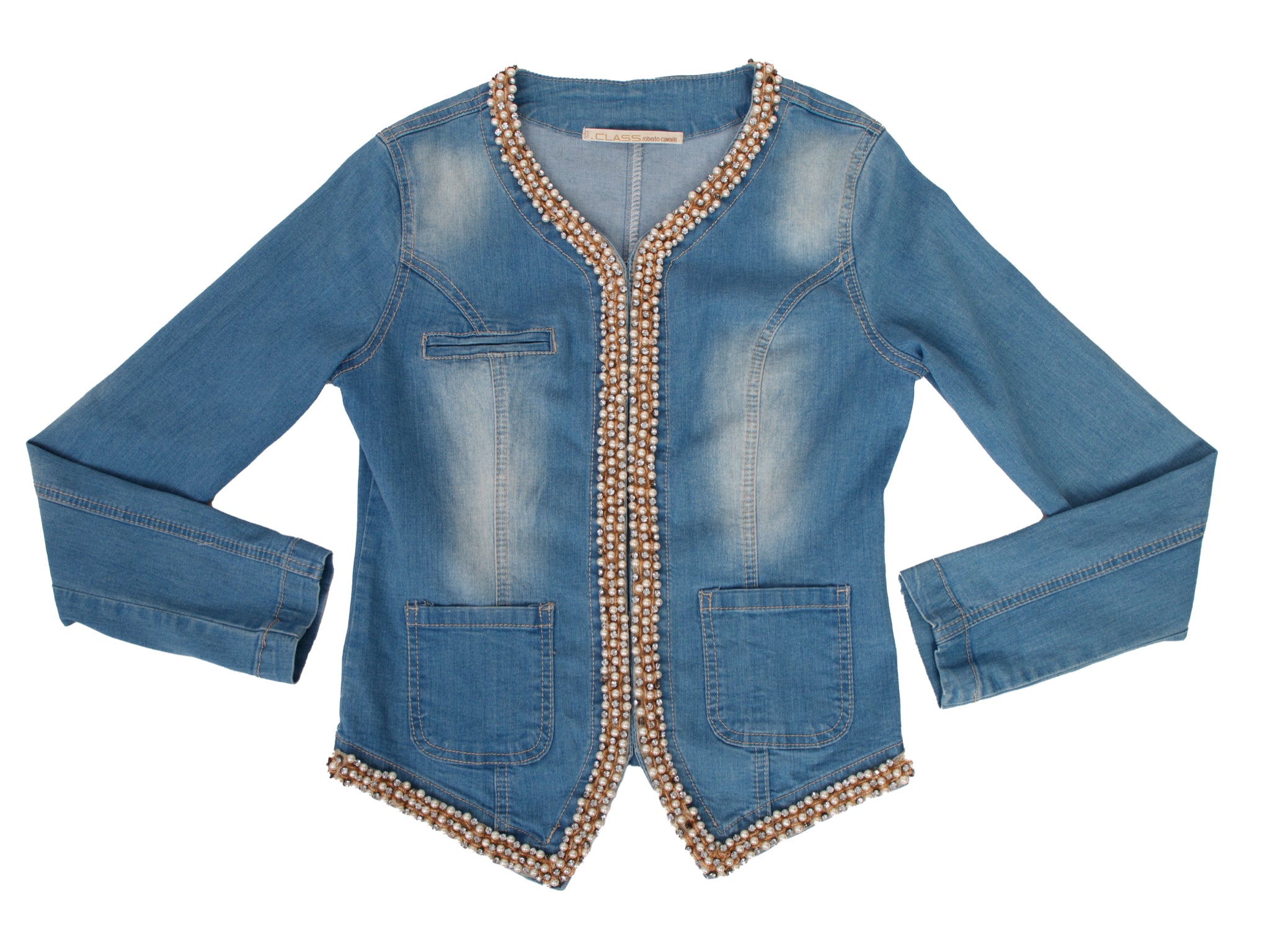 CLASS Roberto Cavalli Denim Faux Pearl & Crystal Beaded Jacket