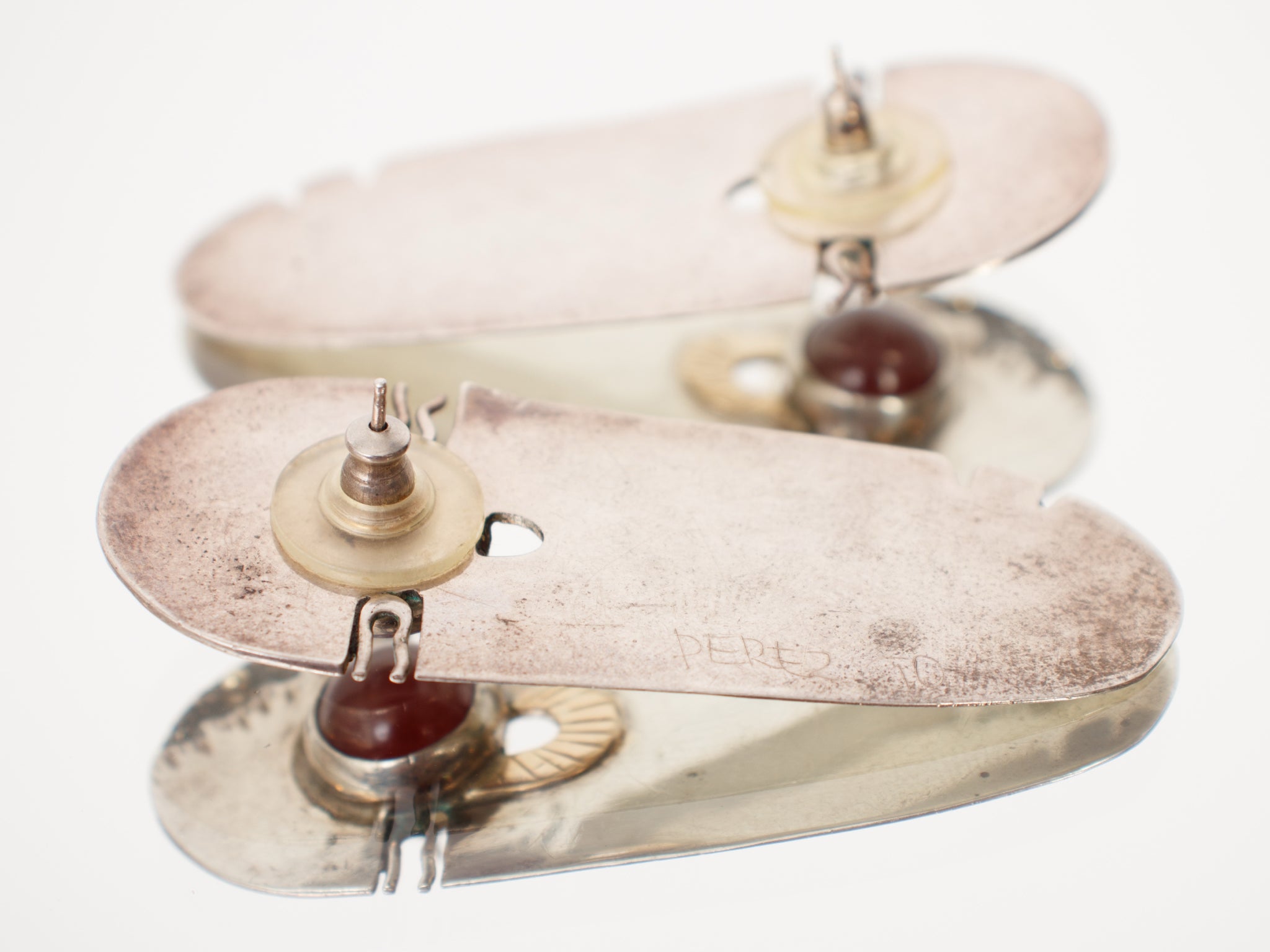 Modernist Sterling & Gold Carnelian Bezel Earrings