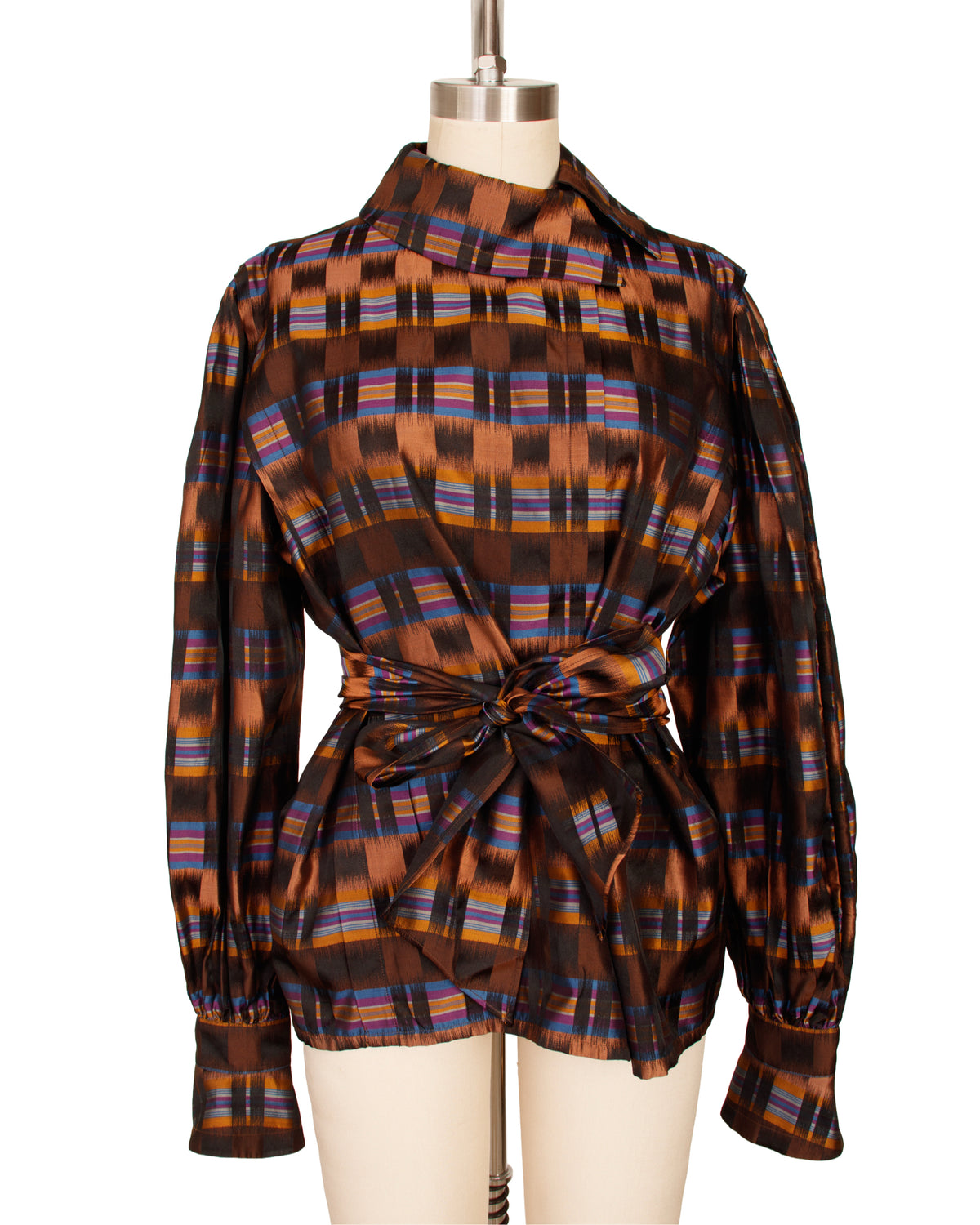 1980s Escada Silk Ikat Check Blouse