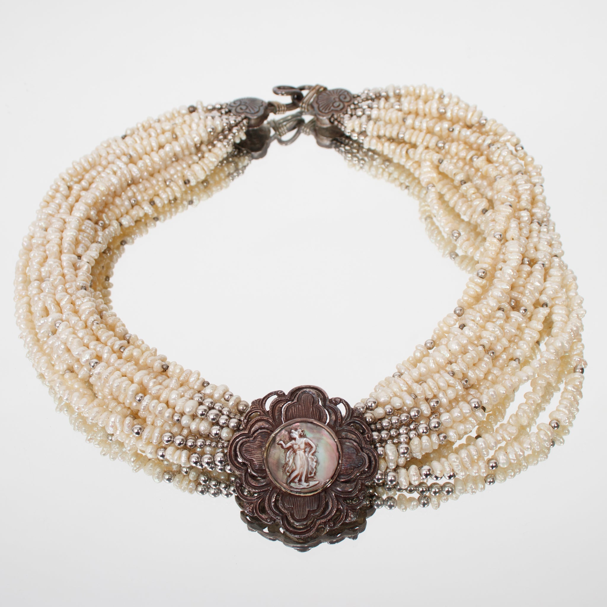 Stephen Dweck Sterling & Beaded Pearl Cameo Necklace