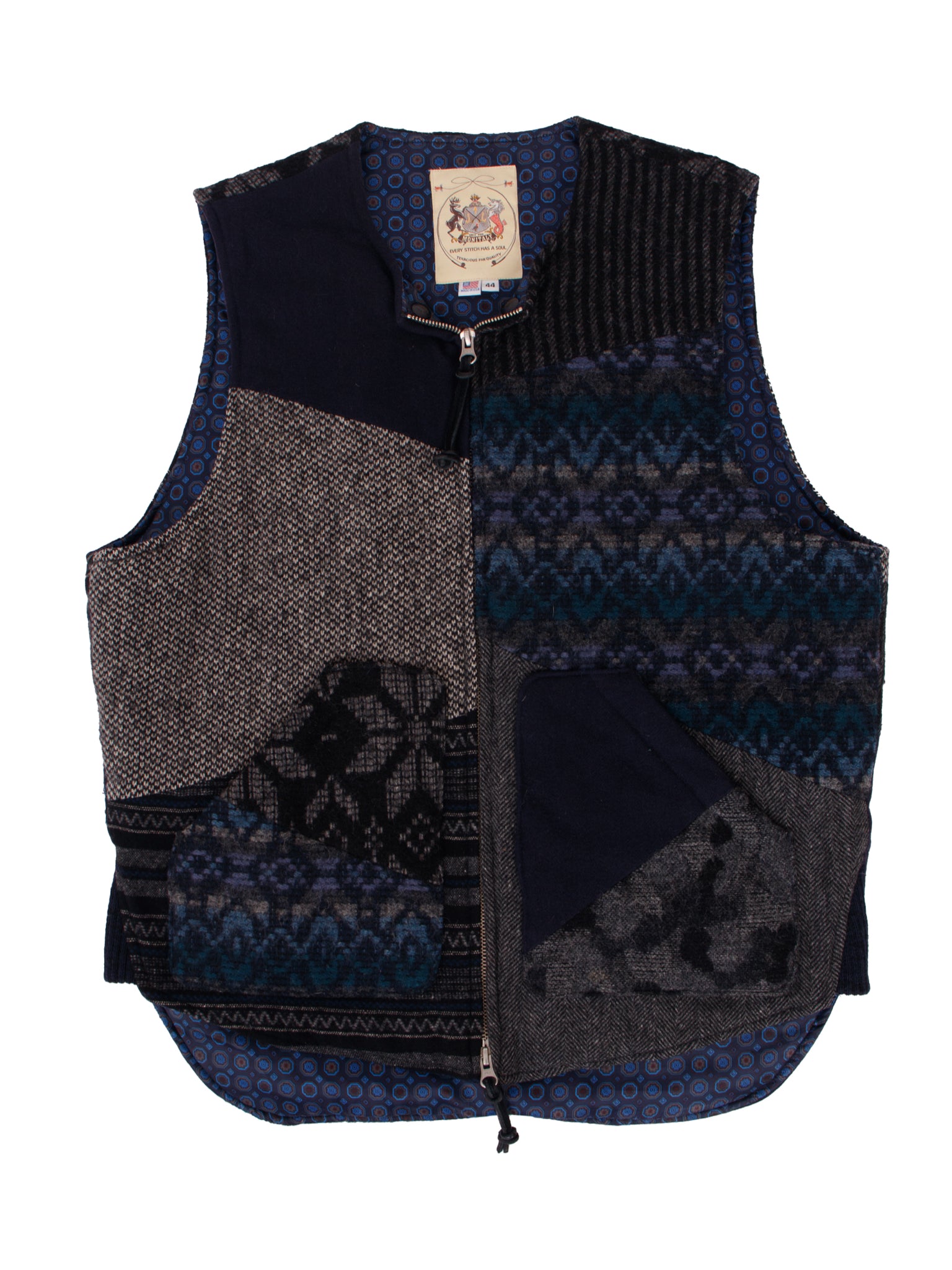 Monitaly Black & Blue Wool Patchwork Quilted Vest