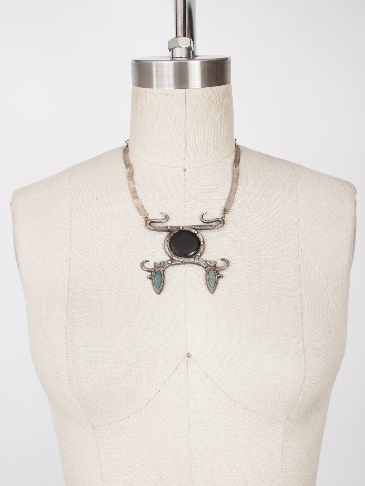 Sterling Silver & Onyx Inlay Double Snake Necklace