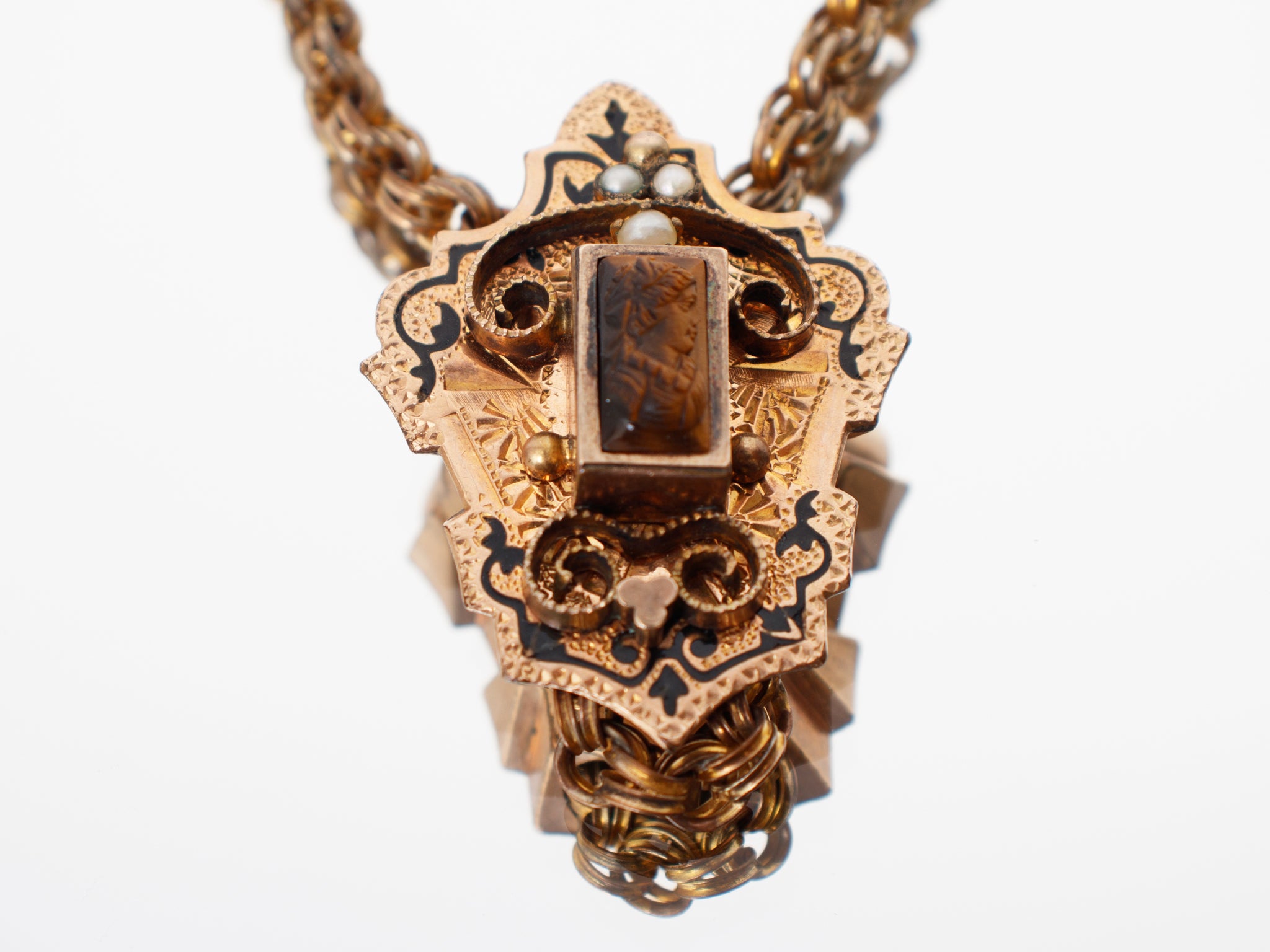 Victorian 12K Gold Fill Enamel & Seed Pearl Cameo Slider Chain Necklace