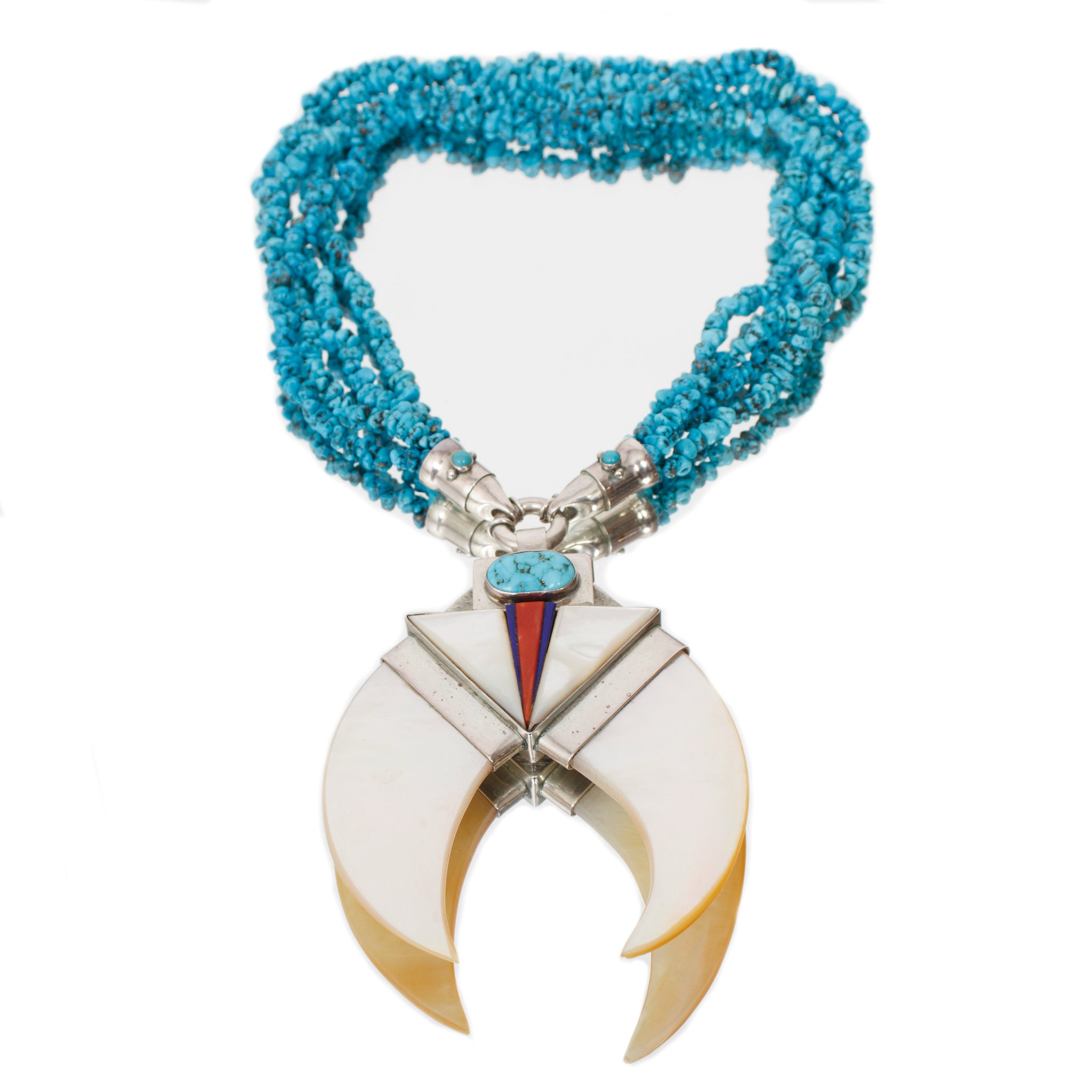 Sterling, Mother of Pearl & Turquoise Squash Blossom Necklace
