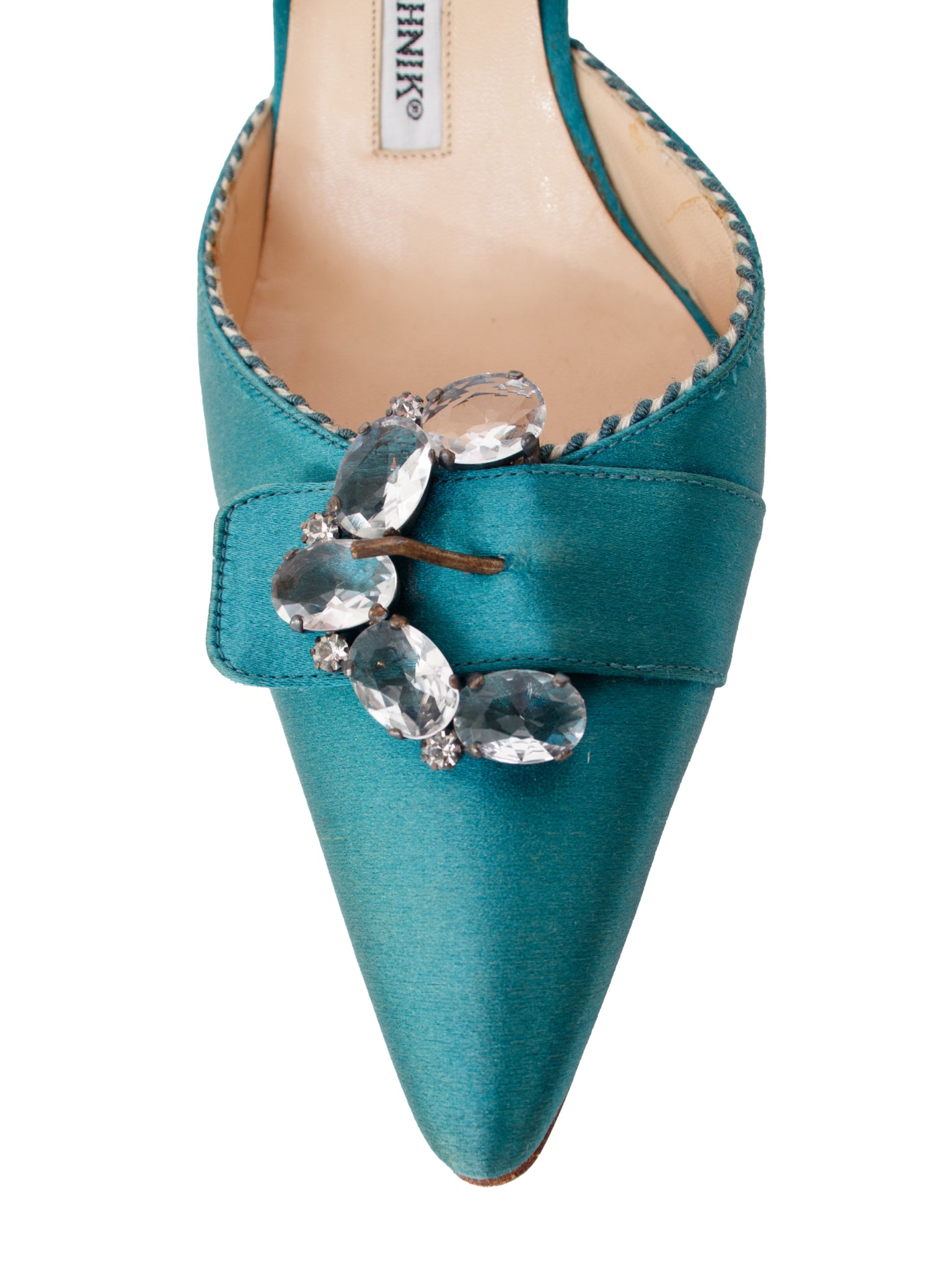 Manolo Blahnik Satin Rhinestone Buckle Slingbacks