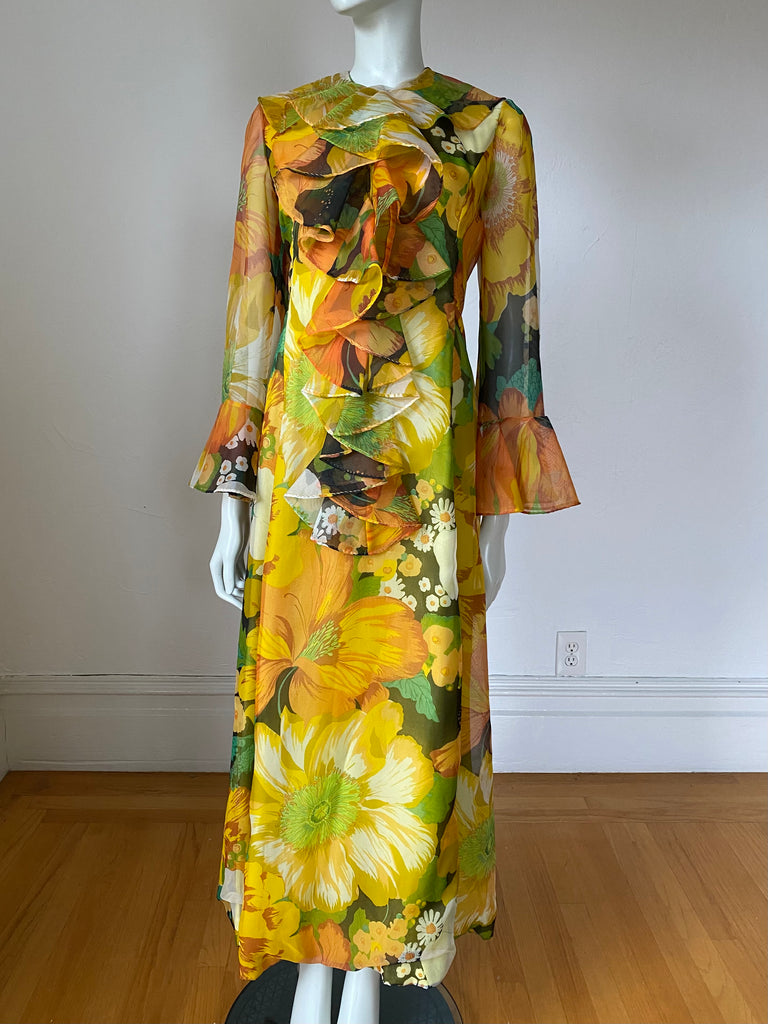 ‘70s Bill Tice Floral Ruffle Front Maxi