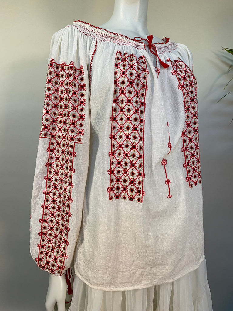 Embroidered Cotton Linen Peasant Top