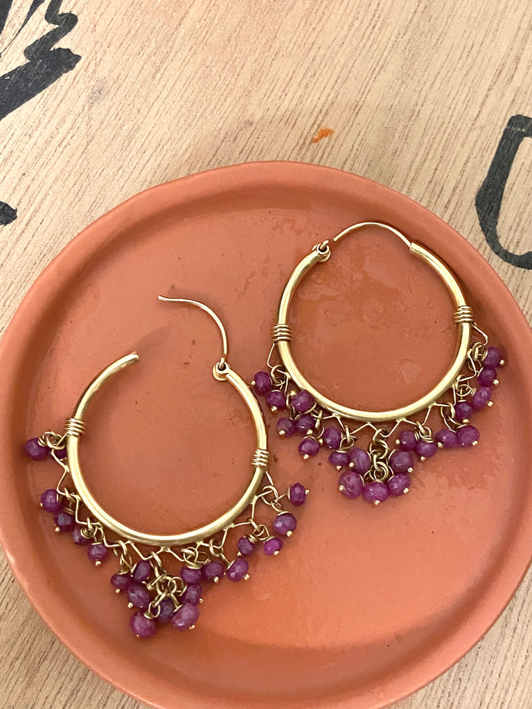 18k Gold & Raw Ruby Hoop Earrings